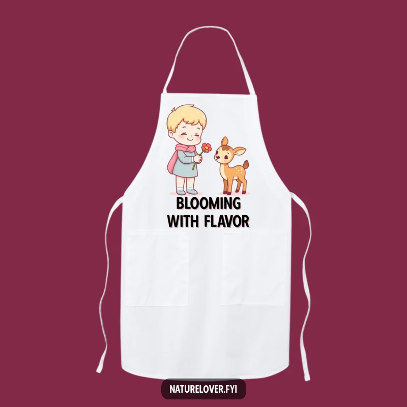 Funny Apron: Cheerful Figure Offers Flower to Tiny Deer Cook's Helper