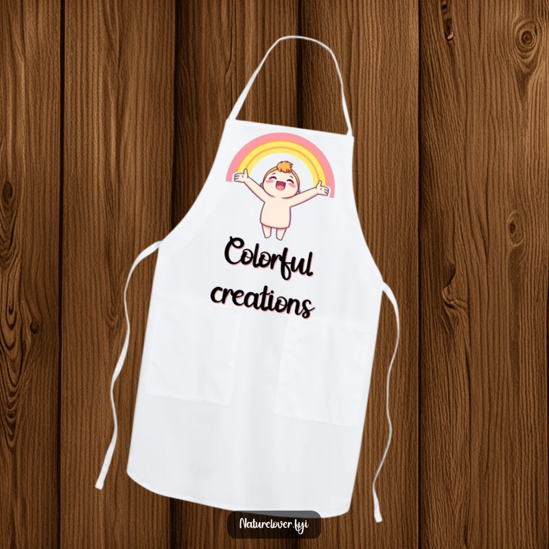Funny apron featuring a character with arms outstretched, beaming at a bright rainbow, perfect for a cheerful cook.