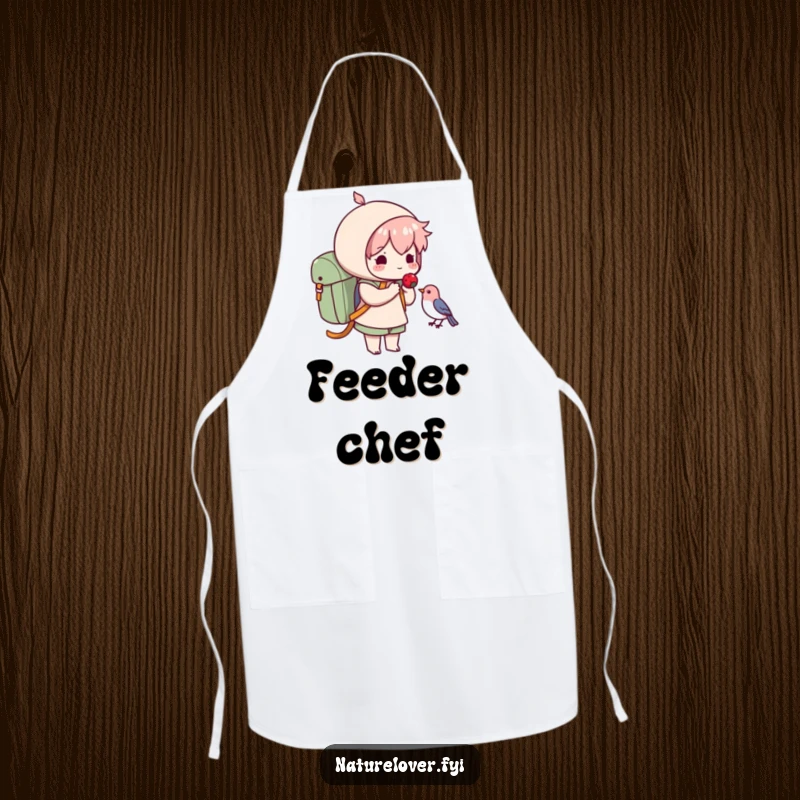 Funny apron showing a cute character offering a berry to a small bird, ideal for a funny baker or kind cook.