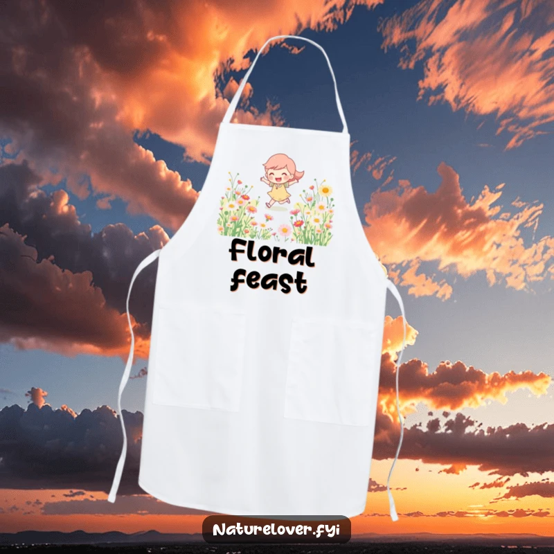 Funny Apron: Happy character skipping through wildflowers while cooking, adding humor and charm to your kitchen attire.