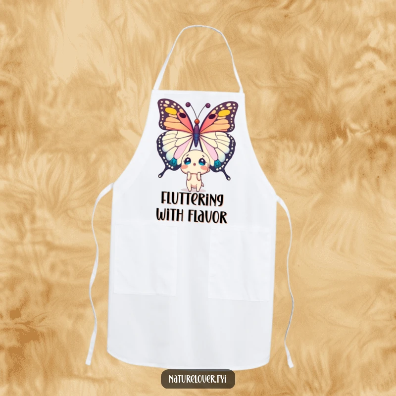 Funny apron: cute character's surprised face meets a colossal butterfly. Great for kitchen humor.