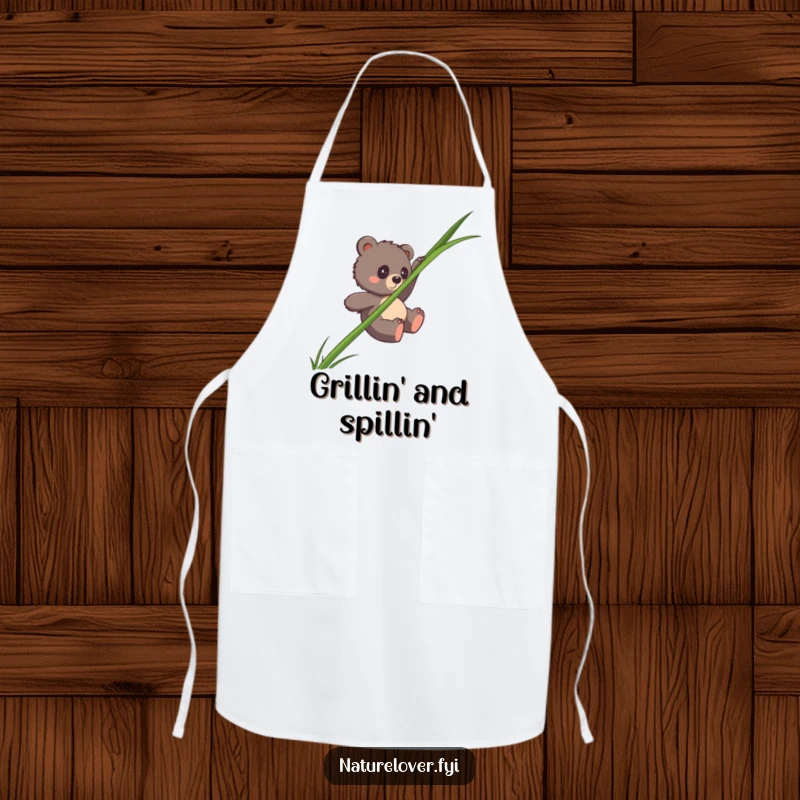 Funny bear cub apron showing a clumsy cub sliding down a giant blade of grass, perfect for kitchen humor.