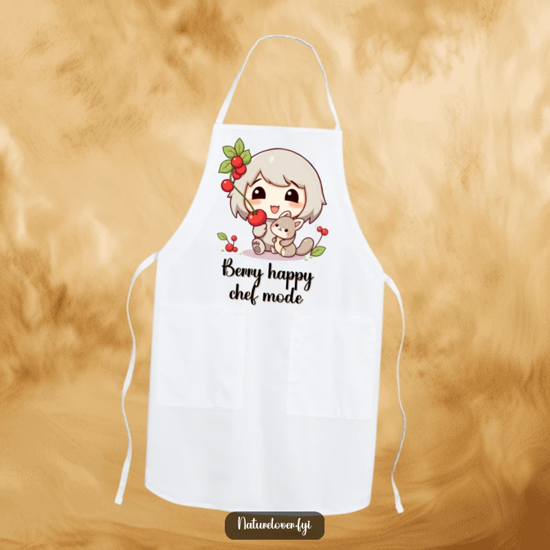 Funny apron design with a character offering a berry to a small woodland creature, ideal for kitchen humor and gifting.