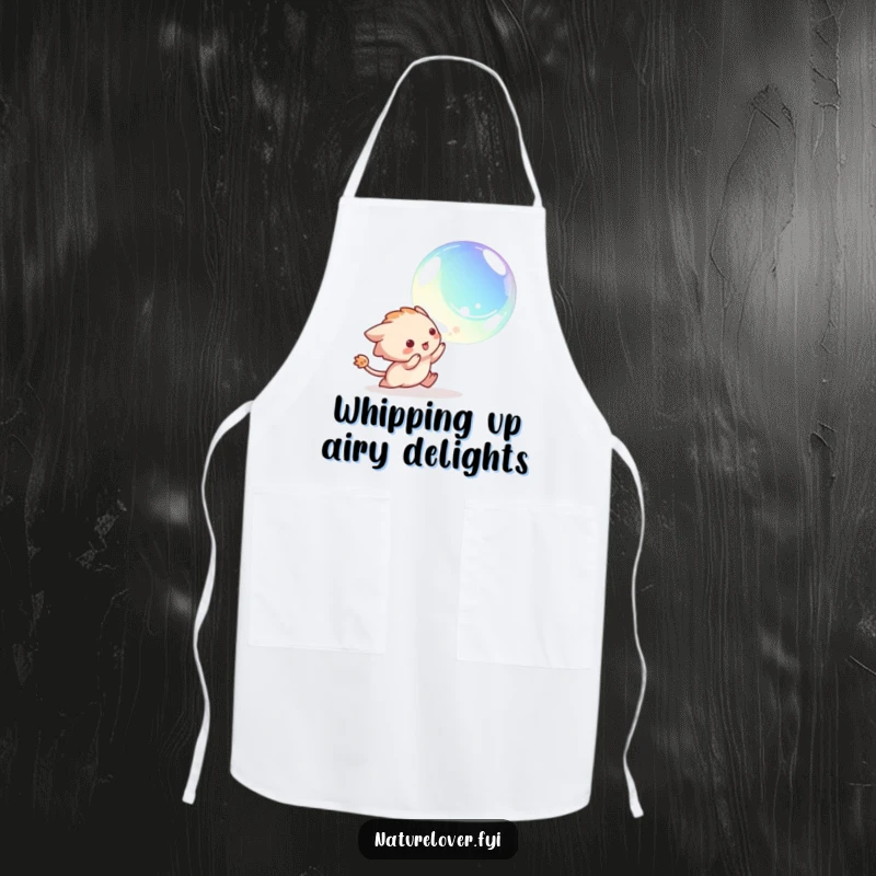 Funny apron with a creature gleefully chasing an iridescent bubble, perfect for adding cheer to any task.