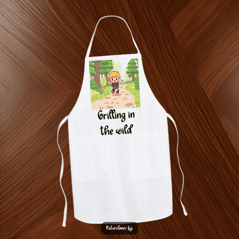 Funny apron featuring a character with hiking boots skipping happily on a forest path, ideal for a culinary adventurer.