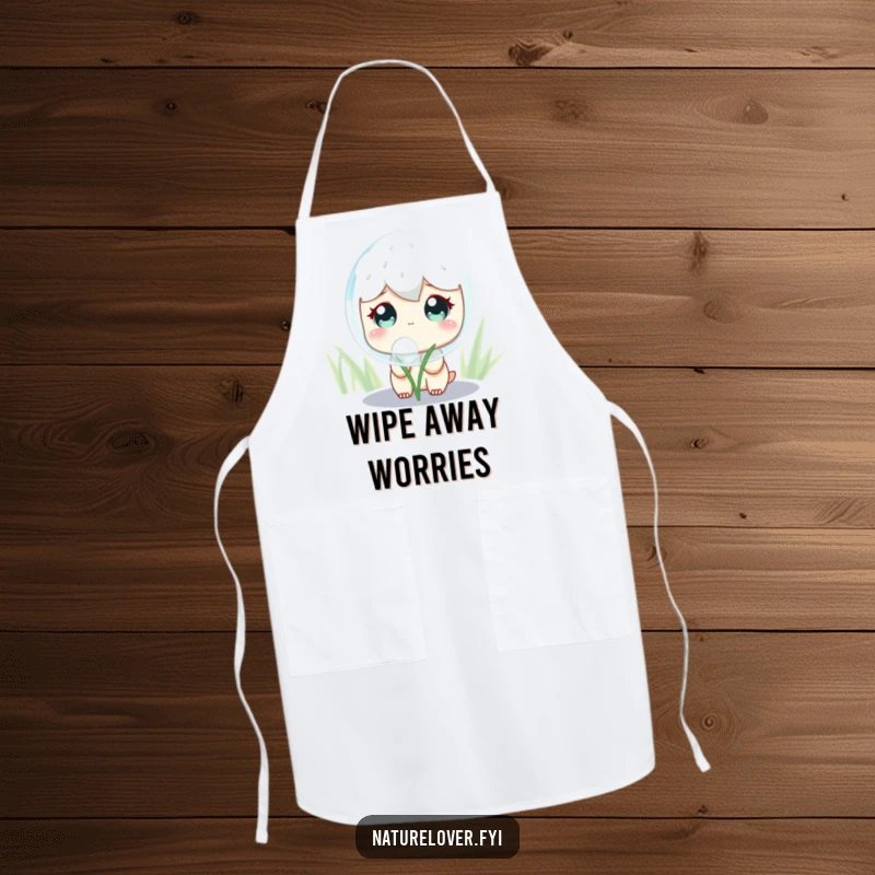 Funny Apron: A cute character with wide, curious eyes gazes at a massive, shimmering dewdrop, adding a touch of wonder to cooking.