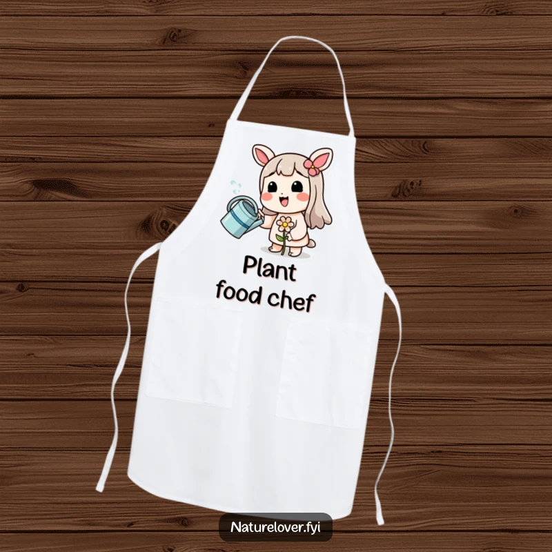 Funny apron showing a smiling character sprinkling water on a tiny, wilting flower, ideal for a funny home gardener.