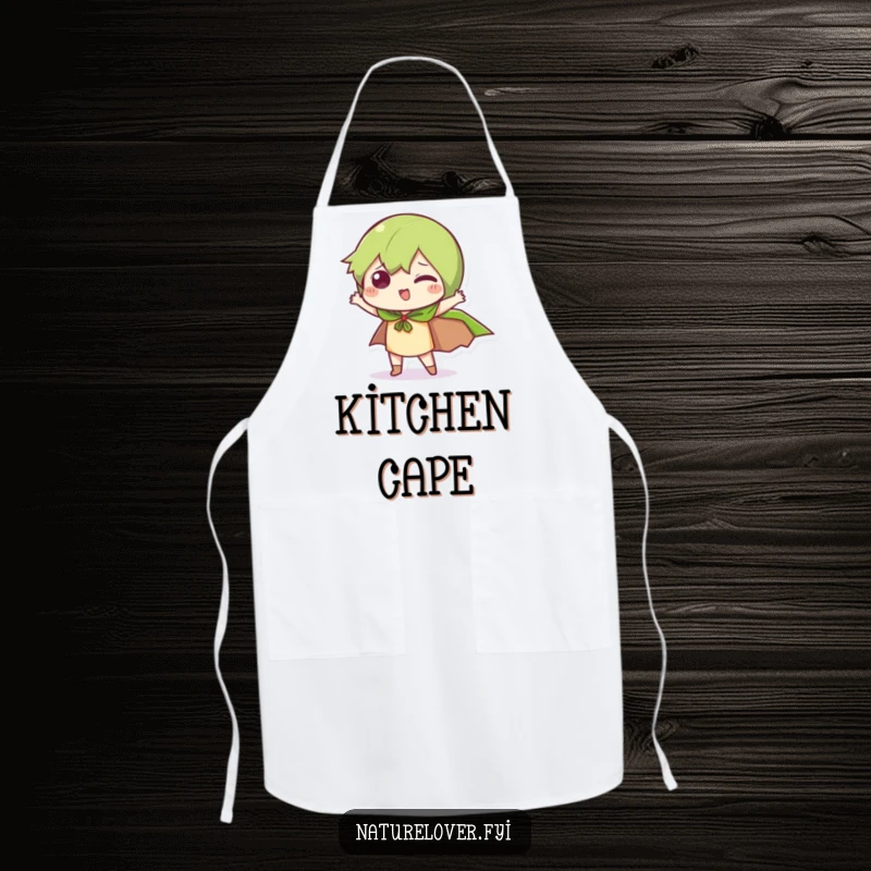 Funny Hero Mode Apron: A little character strikes a funny pose with a leaf cape, a humorous and functional kitchen accessory.