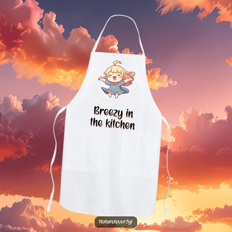 Funny joyful breeze apron showing a character riding a swirling breeze, inspiring joyful kitchen adventures.