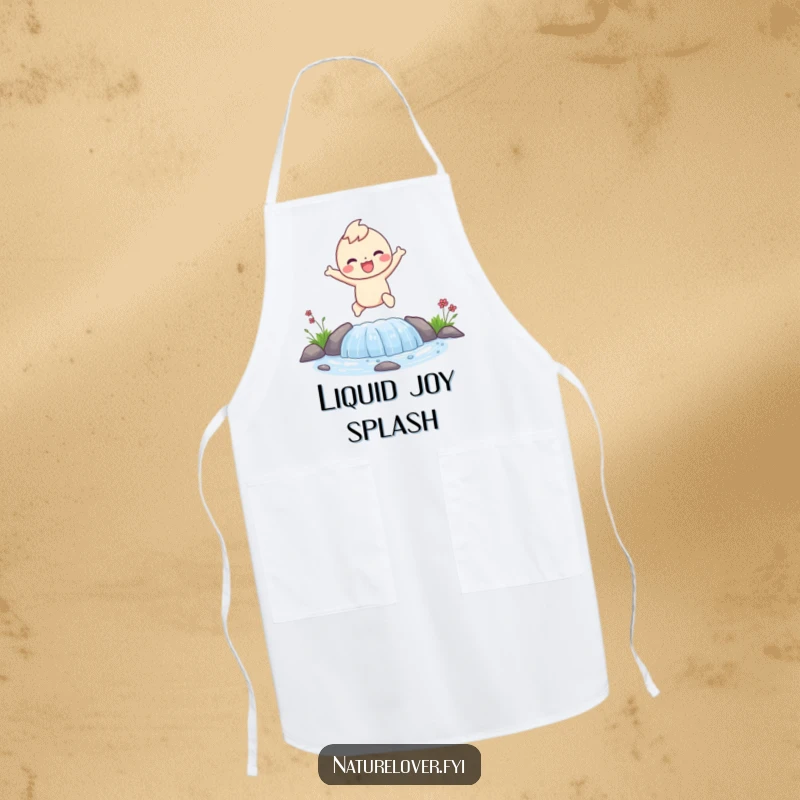 Funny apron showing a happy character joyfully leaping over a small stream, ideal for energetic cooking.