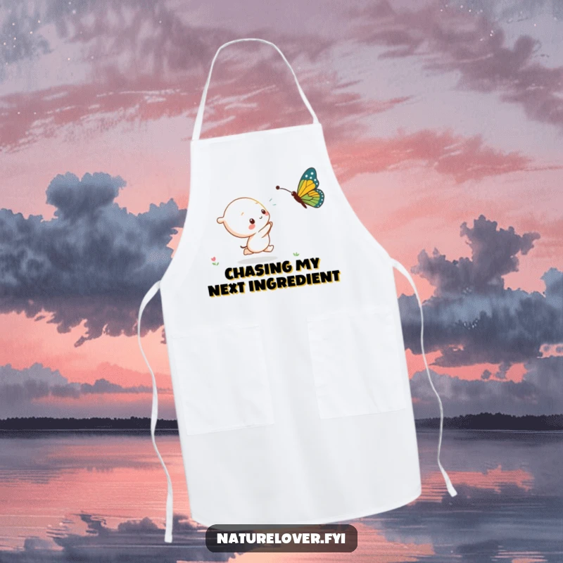 Funny kawaii character hilariously chasing a giant butterfly while wearing a chef hat on this apron.