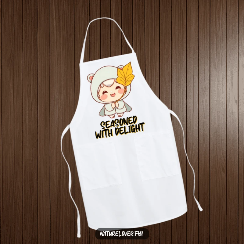 Funny apron featuring a smiling character catching a golden leaf from a gentle breeze, perfect for humorous meal preparation.