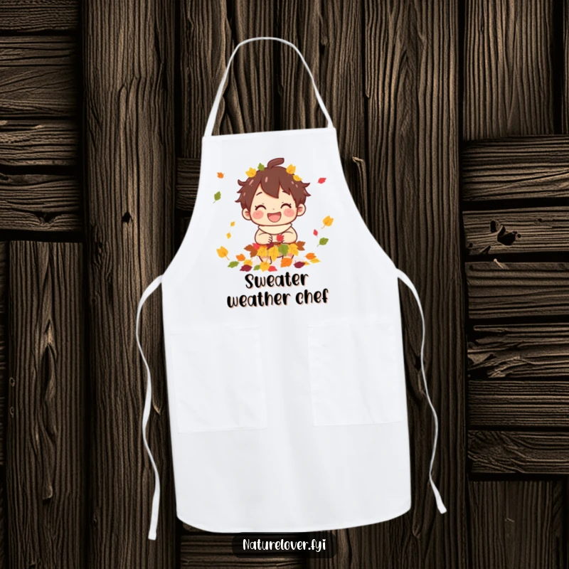 Funny apron design with a joyful character collecting colorful autumn leaves, perfect for kitchen fun.