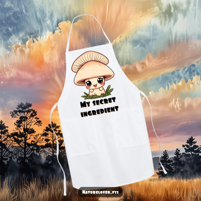 Funny apron showing a cute character with wide eyes and a playful grin peeking from behind a mushroom, ideal for playful cooking.
