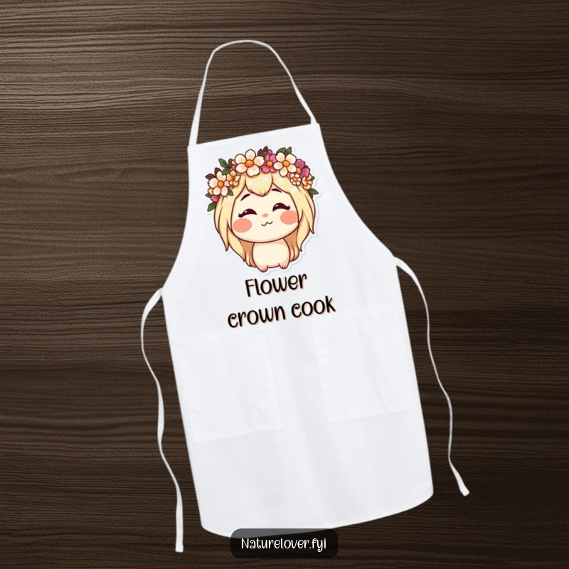 Funny apron showing a nature lover character wearing a flower crown and making a silly face, ideal for garden cooking and parties.