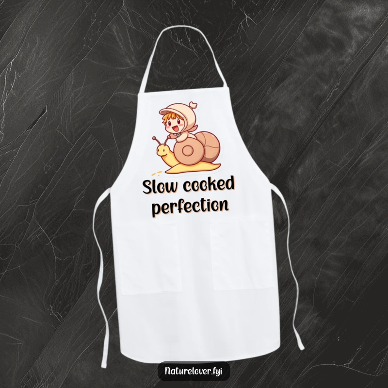 Funny apron showing a little character excitedly riding a snail like a racehorse, a humorous kitchen companion.