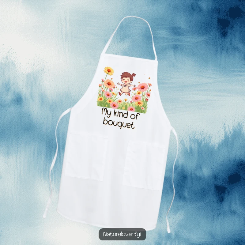 Funny apron showing a happy character skipping playfully through a field of oversized wildflowers, perfect for a joyful cooking experience.