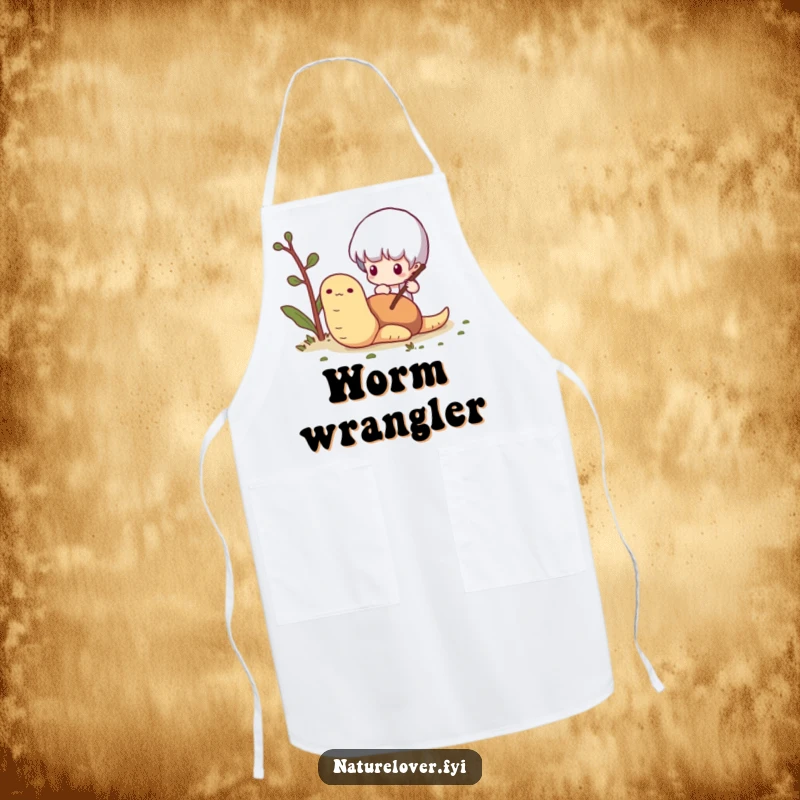 Funny Worm Poking Apron: A tiny character curiously pokes a worm with a twig, a humorous and functional kitchen accessory.