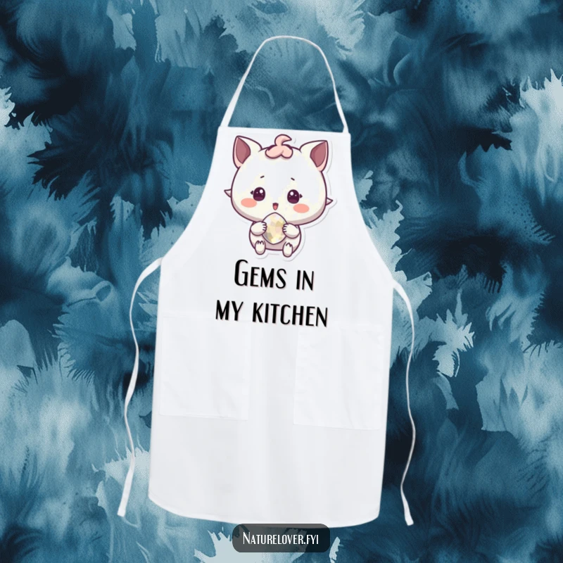 Funny Apron showing a character in surprised delight holding a sparkling pebble, ideal for a joyful cook.