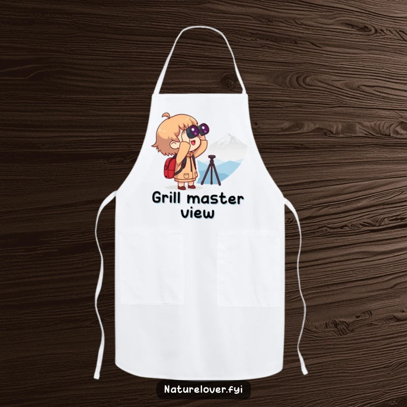 Funny apron showing a character with binoculars looking at a distant mountain, ideal for a funny hiker or outdoor chef.