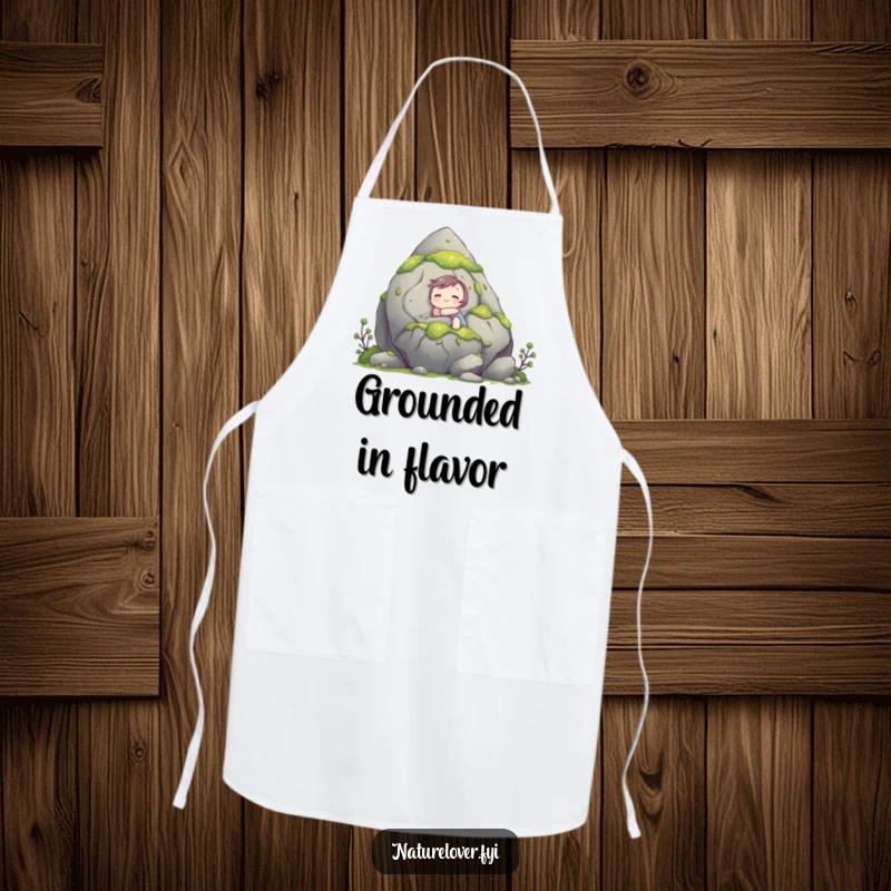 Funny apron featuring a cute character happily hugging a giant, moss-covered rock, perfect for adding nature-inspired humor to kitchen wear.