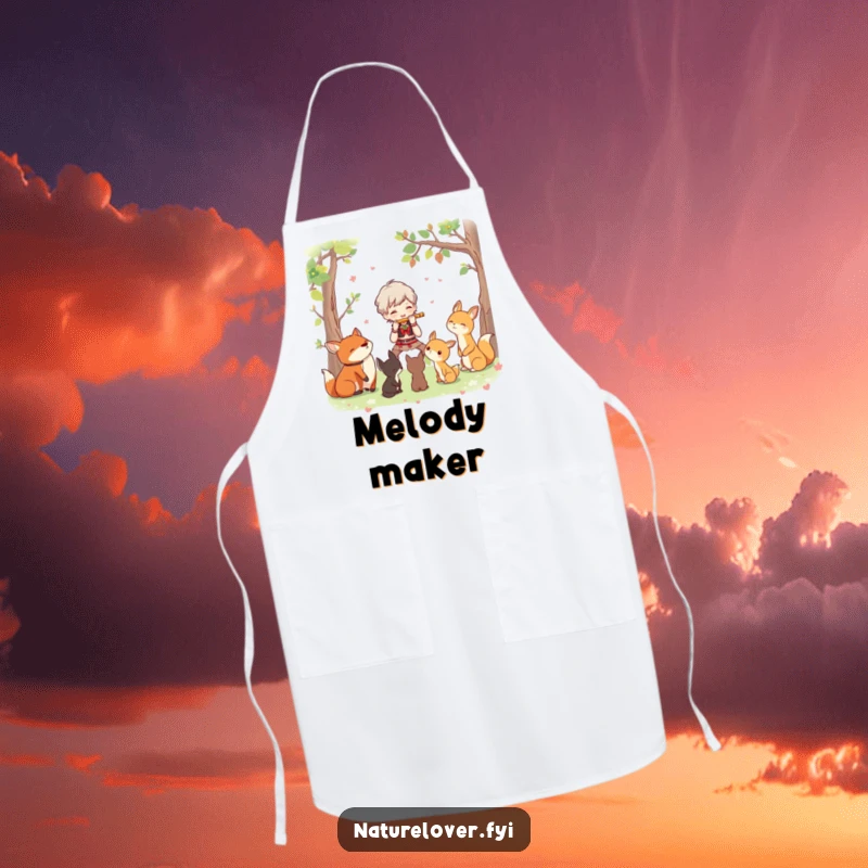Funny apron featuring a character joyfully playing a flute for a group of attentive woodland creatures, perfect for a musical chef.
