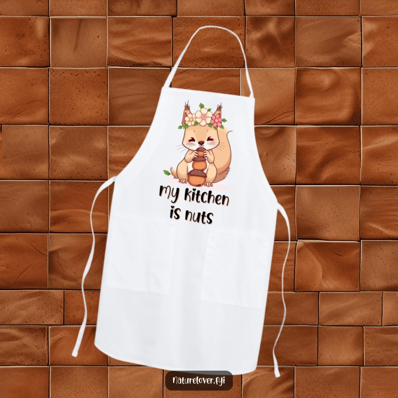 Funny apron illustrating a squirrel wearing a flower crown, skillfully balancing acorns on its nose during a task.