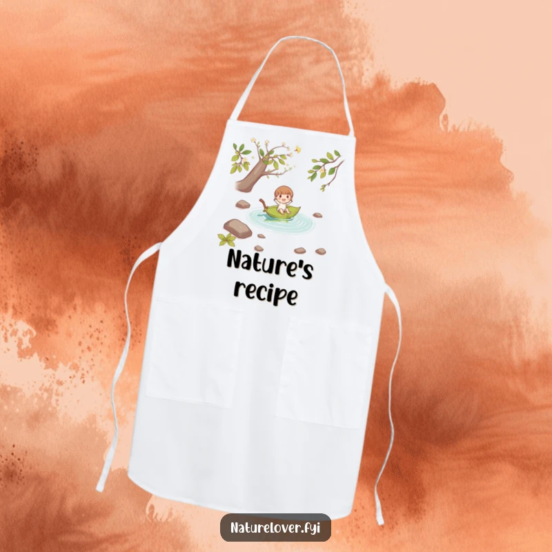 Funny small character joyfully floating down a stream on a fallen leaf boat, featured on this durable and humorous kitchen apron.