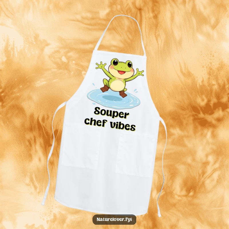 Funny frog apron showing a delighted frog in small boots, jumping in a giant puddle, perfect for kitchen humor.