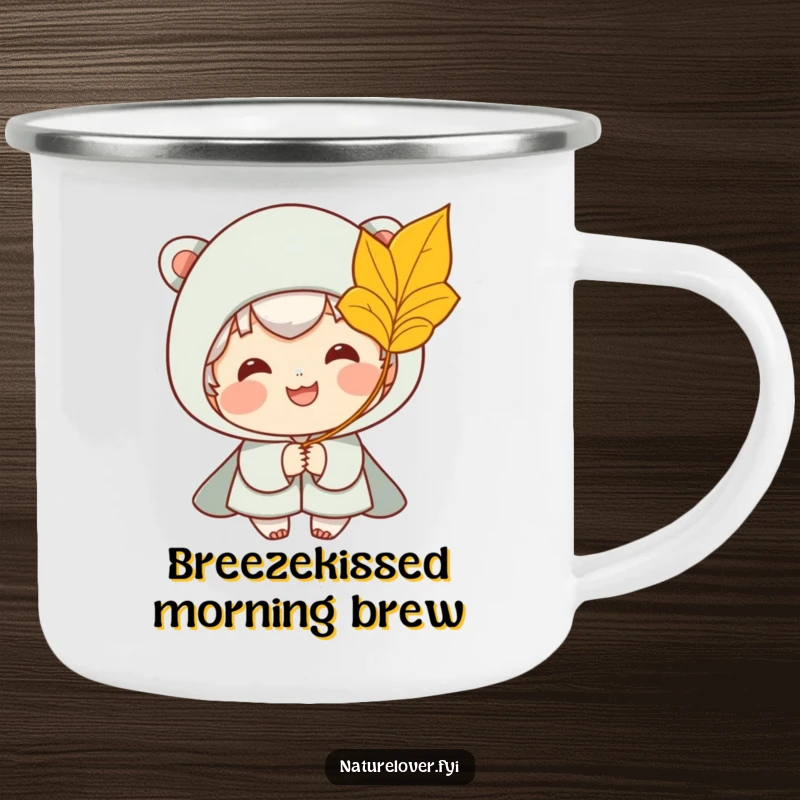 Funny camping mug featuring a smiling character happily catching a golden leaf from a gentle breeze, perfect for outdoor humor.