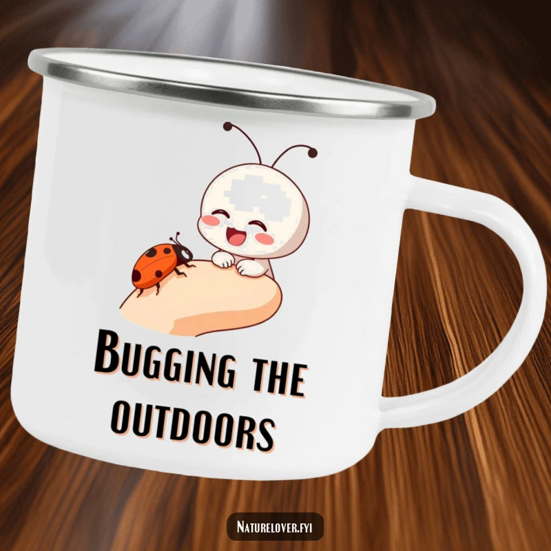Funny camping mug with a small character laughing as a ladybug crawls on its finger, ideal for humorous outdoor enjoyment.