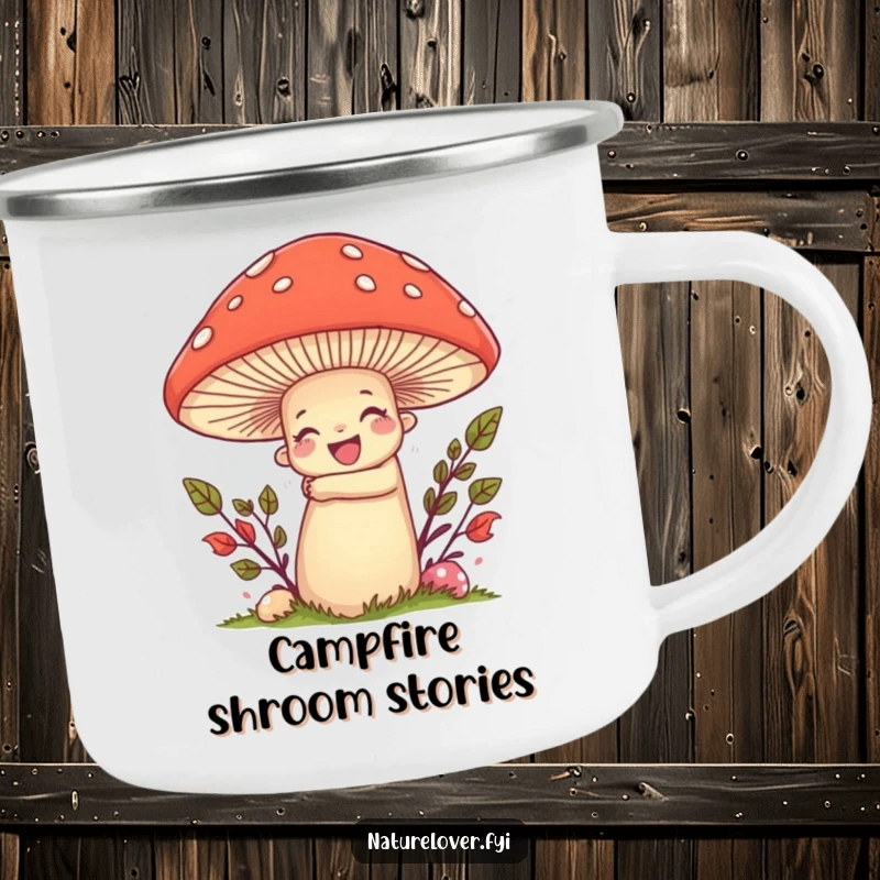 Funny camping mug with a nature lover character enthusiastically hugging a giant, smiling mushroom, perfect for outdoor enthusiasts.