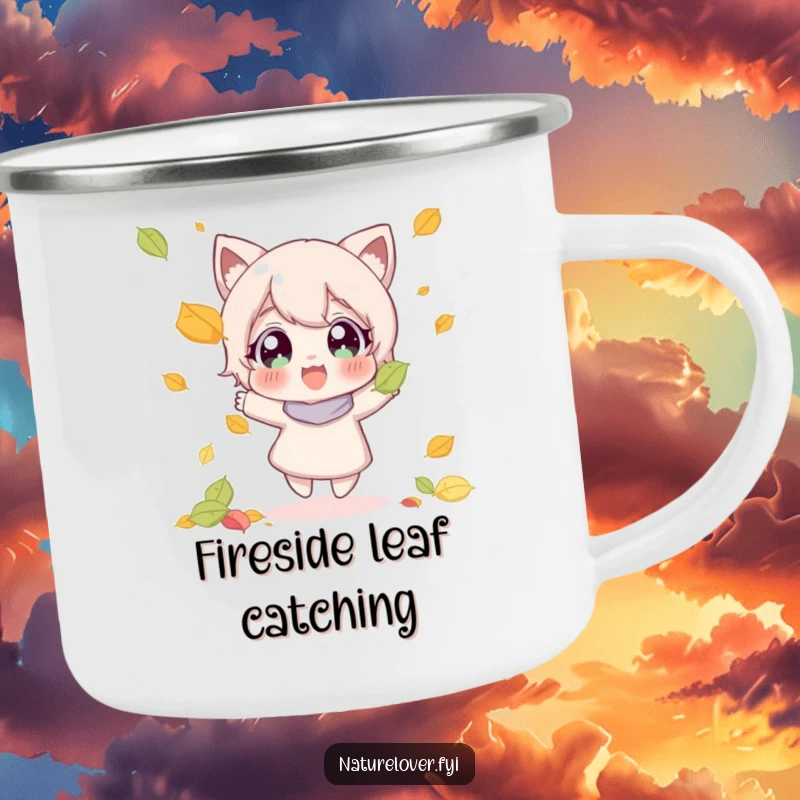 Funny camping mug showing a character joyfully catching a falling leaf, evoking cozy autumn feelings.