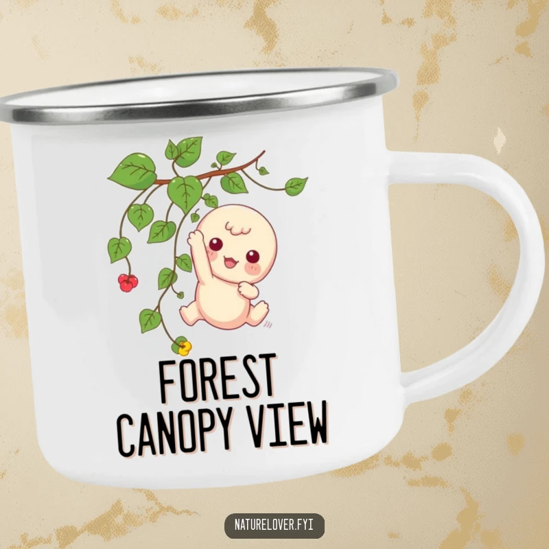 Funny camping mug depicting a kawaii character playfully dangling from a vine, perfect for outdoor humor.