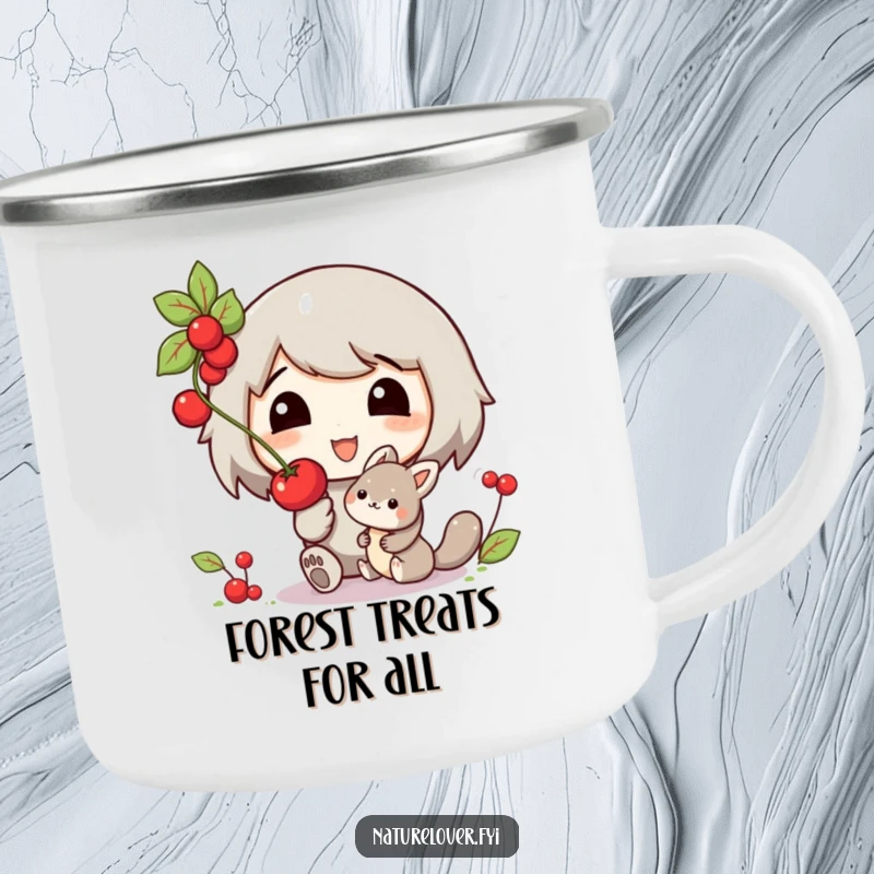 Funny camping mug graphic of a smiling character offering a berry to a small woodland creature, ideal for adventures.