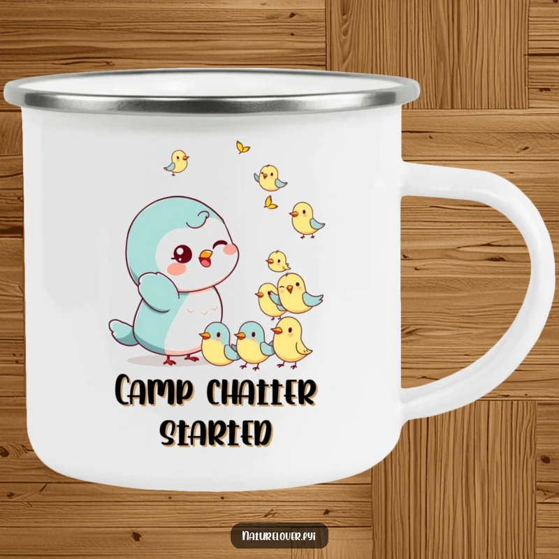 Funny Camping Mug: Small character with a playful wink waves at tiny, cheerful birds, perfect for outdoor adventures.