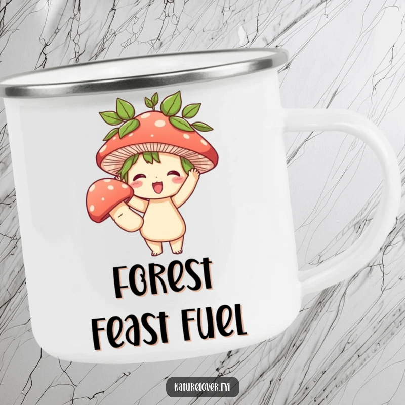 Funny camping mug with a cute character holding a large mushroom, symbolizing a funny outdoor triumph and perfect for campfire stories.