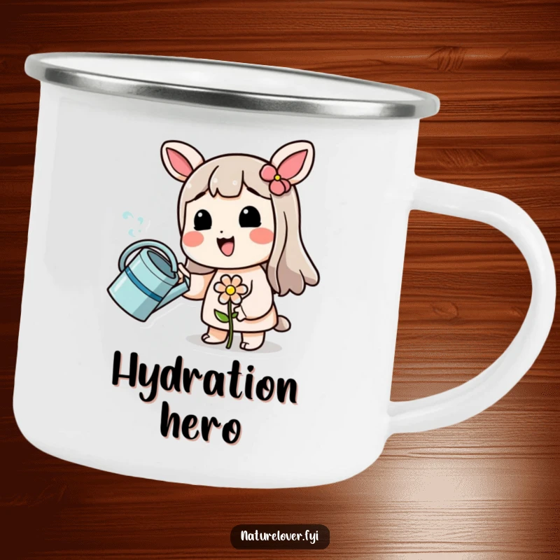 Funny camping mug with a smiling character watering a small flower, symbolizing funny care and the start of growth.