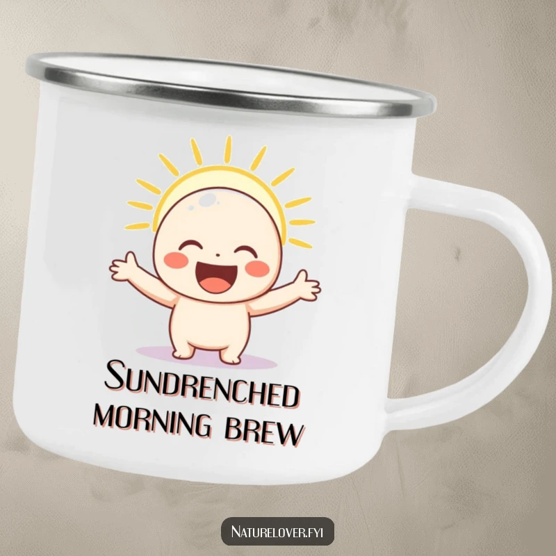 Funny camping mug with a happy character arms wide, basking in a sun ray, perfect for outdoor enjoyment.