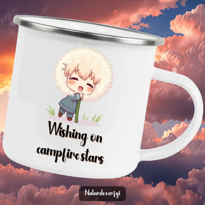 Funny camping mug showing a character attempting a big hug on a comically large, fluffy dandelion, evoking playful joy.