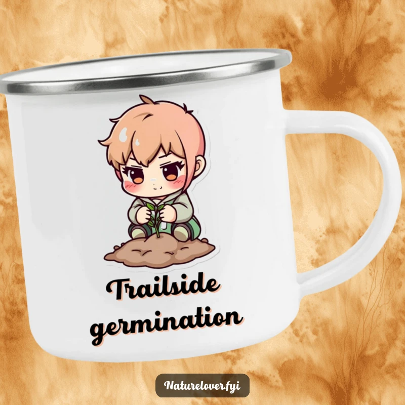 Funny camping mug: cute character planting a tiny seed with focus. Durable and humorous.