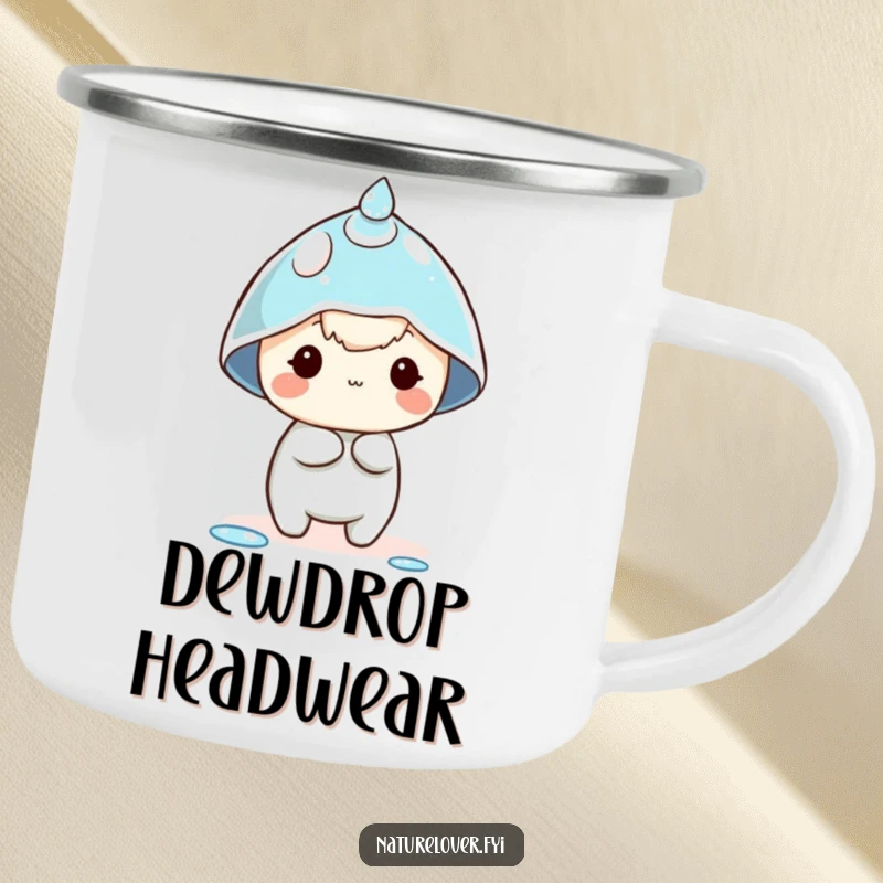 Funny dewdrop hat camping mug showing a tiny character comically trying to wear a dewdrop as a hat, perfect for outdoor fun.