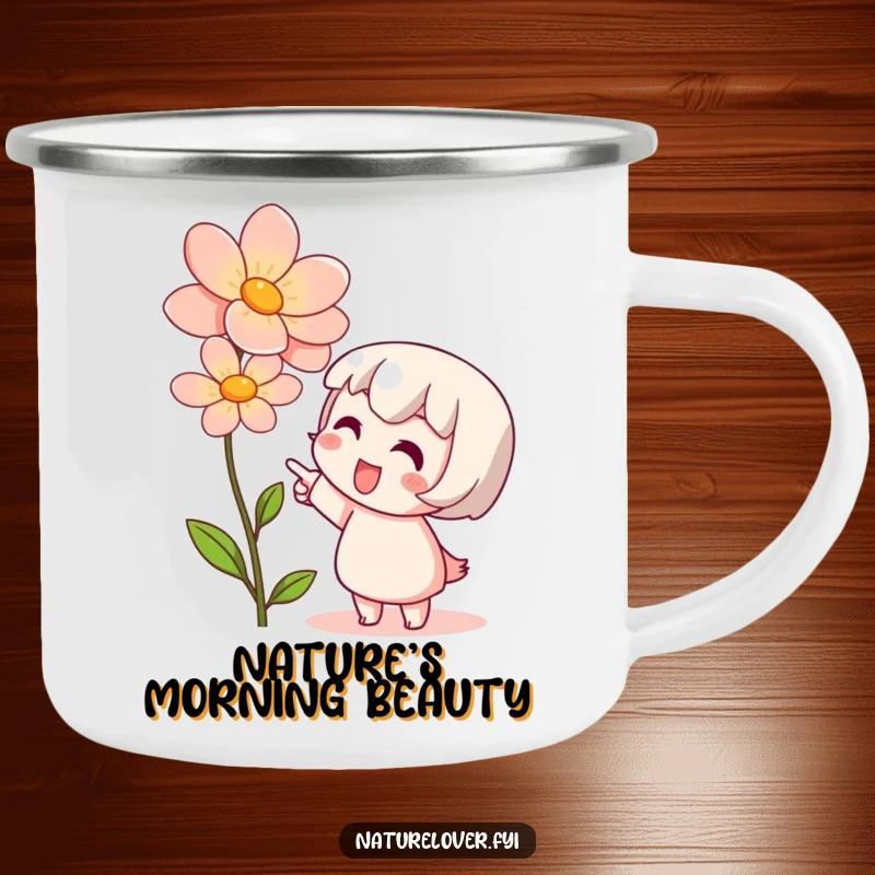 Funny camping mug showing a cute character pointing at a blooming flower, perfect for outdoor nature lovers.