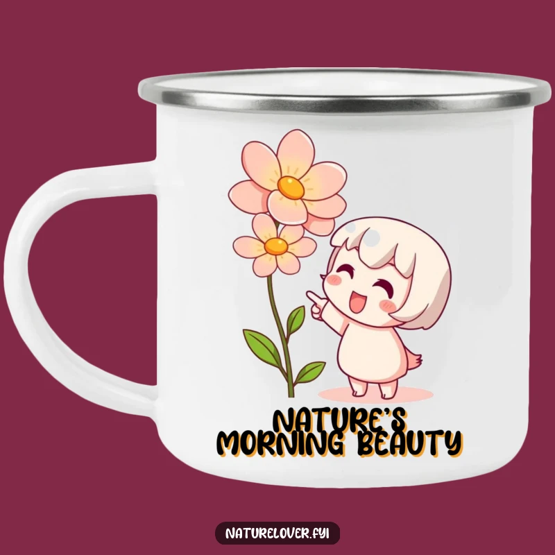 Funny Enamel Camping Mug: Character's Bloom Joy, Outdoor Adventure & Nature Gift
