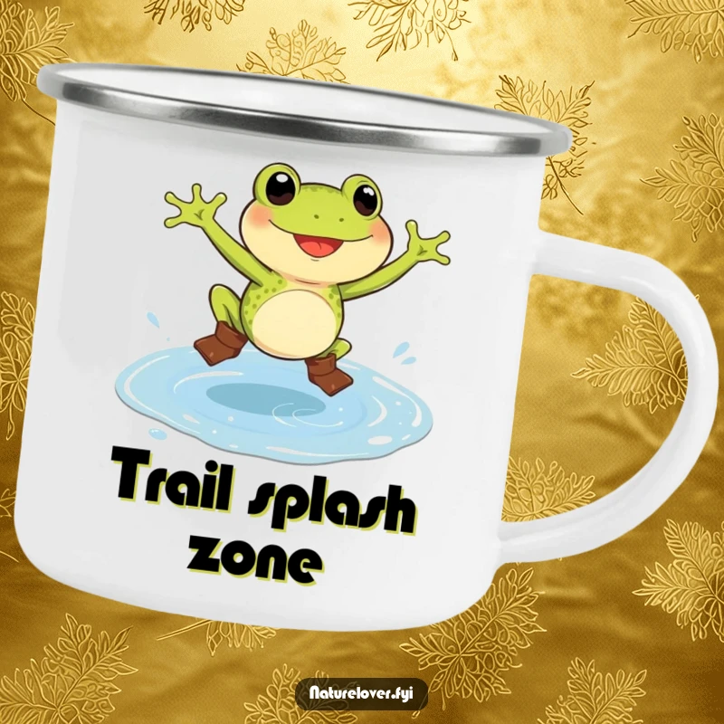 Funny frog camping mug showing a delighted frog in small boots, jumping in a massive puddle, for humorous outdoor use.