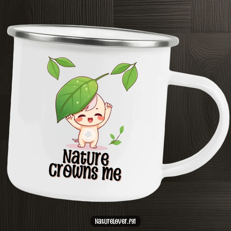 Funny Camping Mug with a playful character balancing a large leaf on its head, symbolizing outdoor fun.
