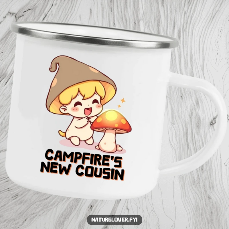 Funny Camping Mug: Small character gasping with delight finds a secret, glowing mushroom, perfect for camping adventures.