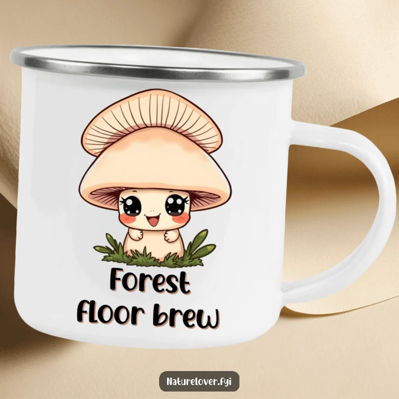 Funny camping mug with a cute character peeking from behind a mushroom, ready for outdoor fun and smiles.
