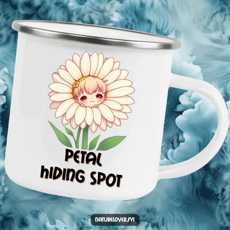 Funny camping mug with a nature lover character playfully peeking from behind a giant daisy, evoking whimsical outdoor moments.