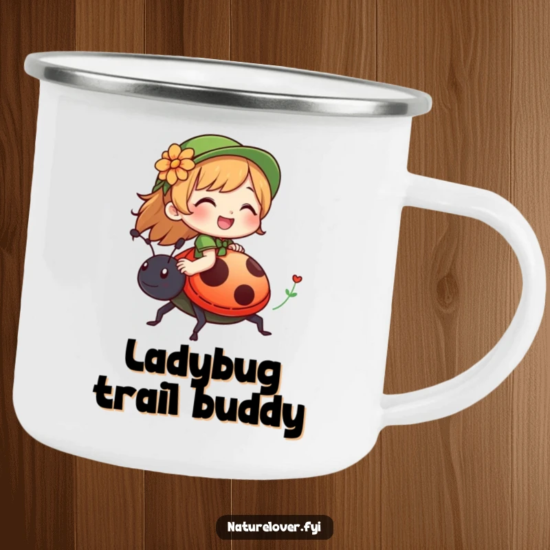 Funny camping mug with a nature lover character giggling while riding on a giant, friendly ladybug, perfect for outdoor enthusiasts.